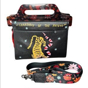 Min & Mon Vali Black Leather Crossbody Handbag Plastic Handle Tiger & Snake
